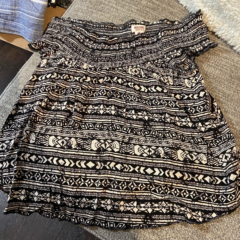 Flowy, patterned, off the shoulder shirt